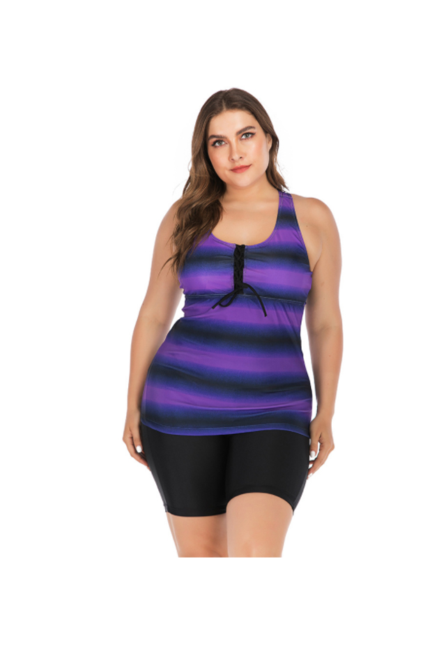 XC Women\'s Two Piece Plus Size Tummy Control Stripe Vest Swim Set
